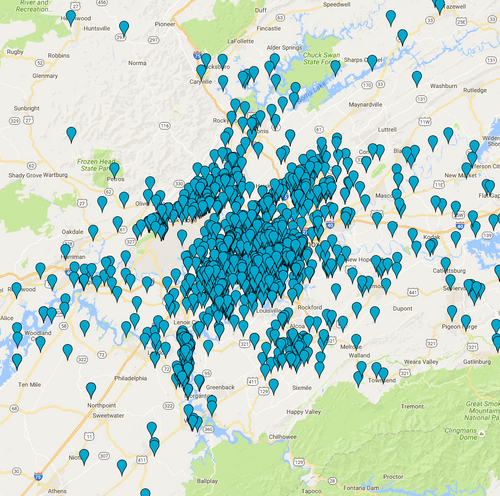 Map of Showers done by clinton glass company in east tennesse